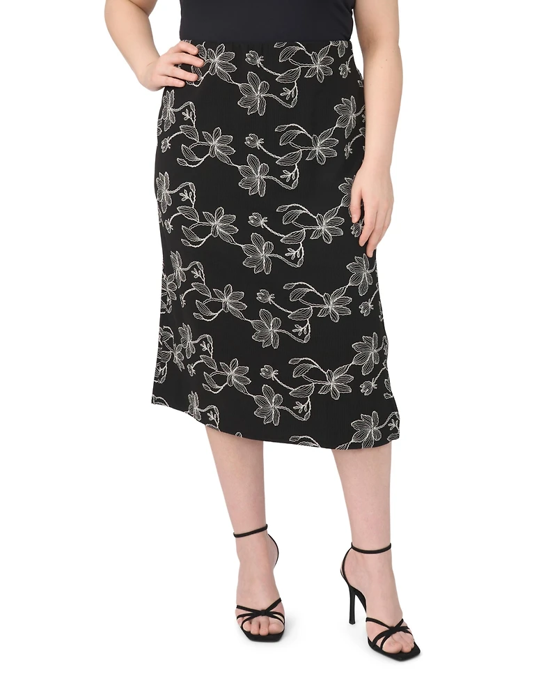 Vince Camuto Plus Floral Embroidered Pull-On Midi Skirt