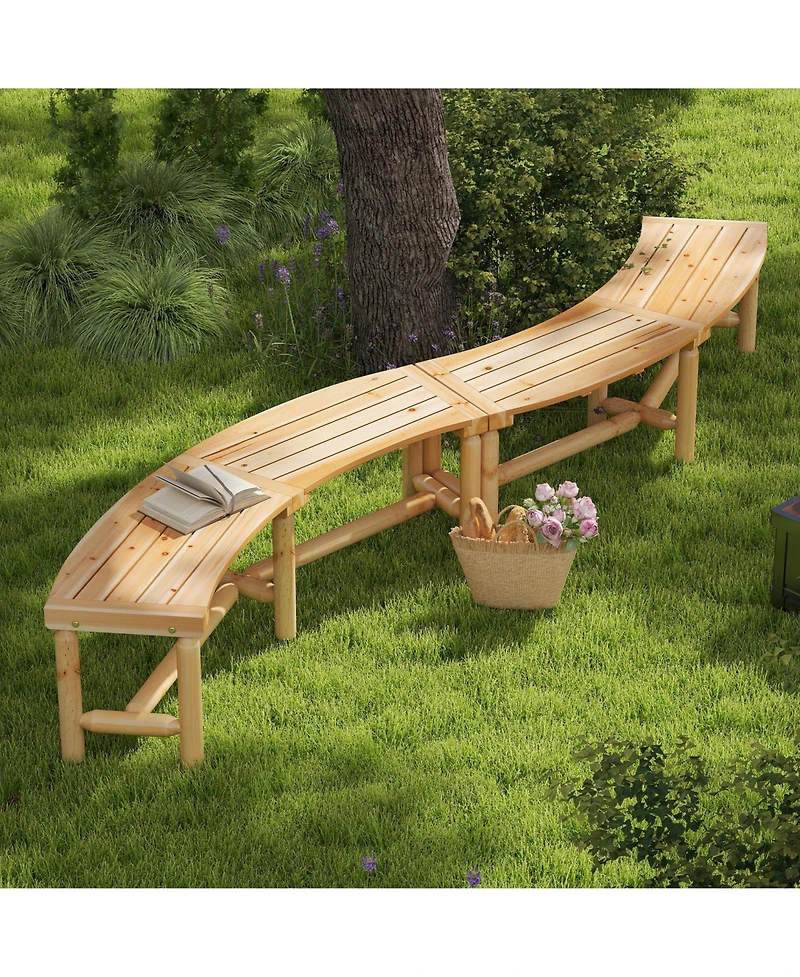 Sugift Patio Curved Bench Solid Wood Fire Pit Bench Outdoor Backless Loveseat