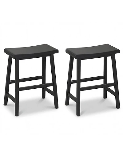 Gymax Solid Wood Saddle Bar Stools Set of Backless Wooden Barstools with Footrests