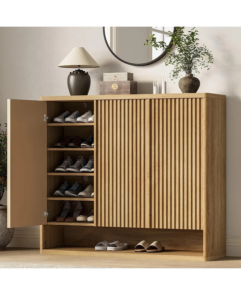 Homfan 2 Piece Wooden Shoe Cabinet Set with Fluted Doors and Adjustable Shelves, 46 in Entryway Shoe Storage Organizer for Hallway