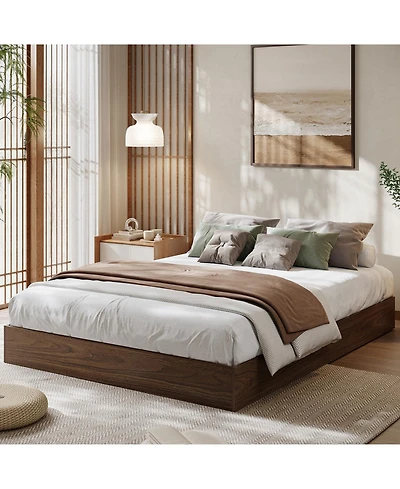 Homfan Wood Platform Bed Frame No Headboard with Wood Slats, Floor-Level Design