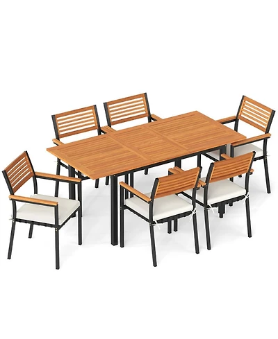 Gouun 7-Piece Expandable Acacia Wood Patio Dining Set with Cushions and Umbrella Hole