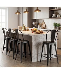 Gymax Metal Bar Stools Set of 4 24'' Counter Height Barstools with Backrests and Footrests