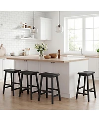 Gymax Solid Wood Saddle Bar Stools Set of 4 Backless Wooden Barstools with Footrests