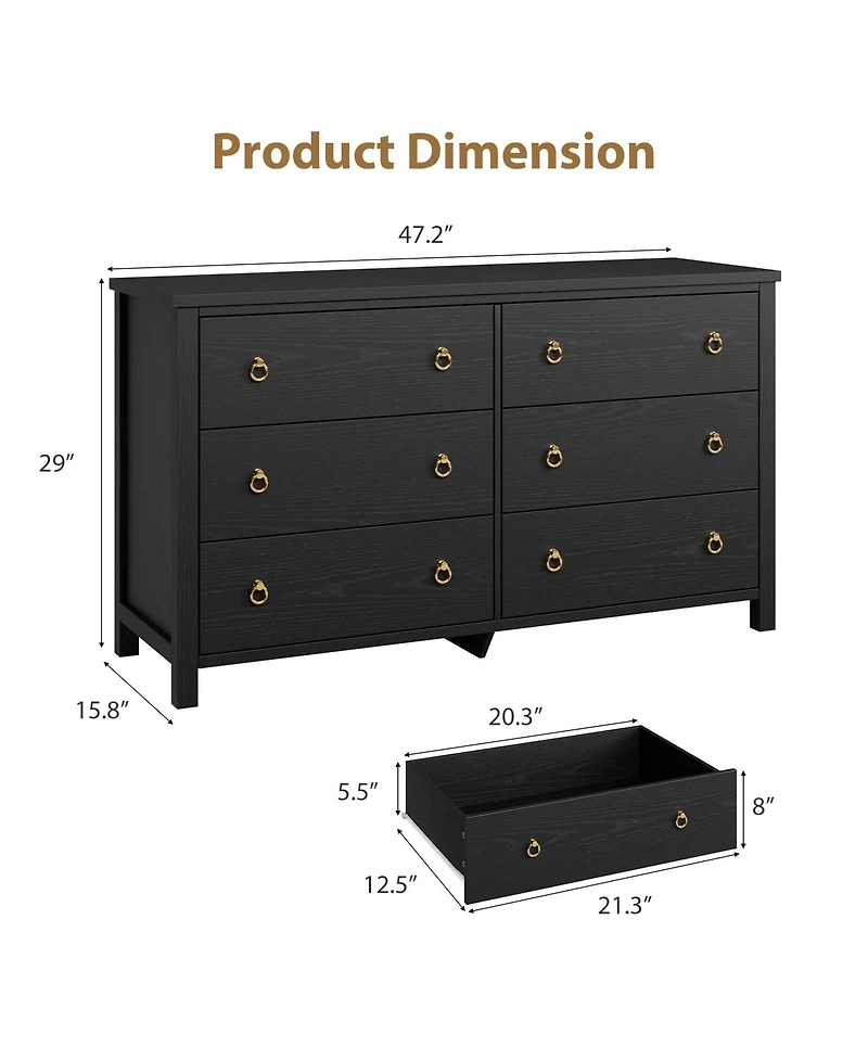 gaomon 6 Drawer Modern Dresser, 47" Wide Wooden Storage Chest and Tv Stand for Bedroom Living Room Hallway