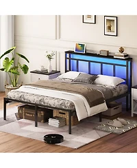 Lucky One 14 Inch Full Bed Frame with Storage Headboard, Metal Platform Bed Frame with Usb-c
