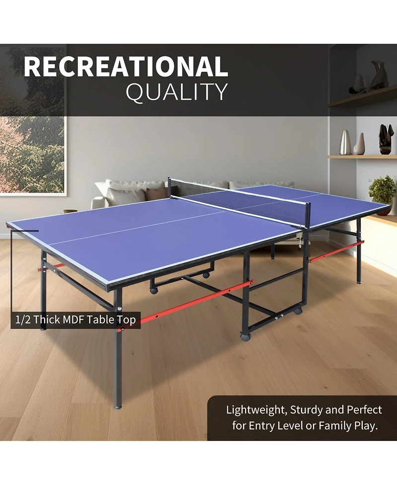 Rainsken 8FT Mid-Size Table Tennis Table, Foldable and Portable Ping Pong Table Set with Net, 2 Table Tennis Paddles and 3 Balls for Family Game