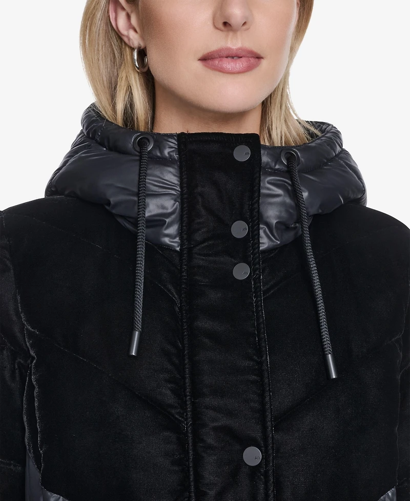 Women's Varna Velvet Mixed Quilted Puffer Jacket Within Attached Hood