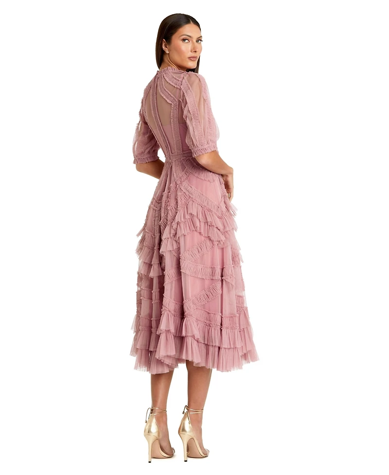 Mac Duggal Petite High Illusion Neck Ruffle Tiered A-Line Midi Dress