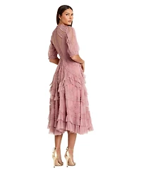 Mac Duggal Petite High Illusion Neck Ruffle Tiered A-Line Midi Dress