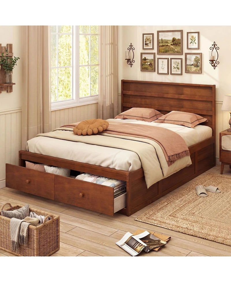 Slickblue Wooden Full Bed Frame with Storage Drawers Platform Design
