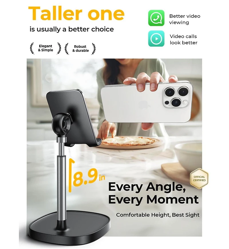 Lisen Adjustable Phone Stand for Desk, Aluminum Cell Phone Holder with Height and Angle Adjustment, Anti-Slip Base, Compatible with iPhone, iPad