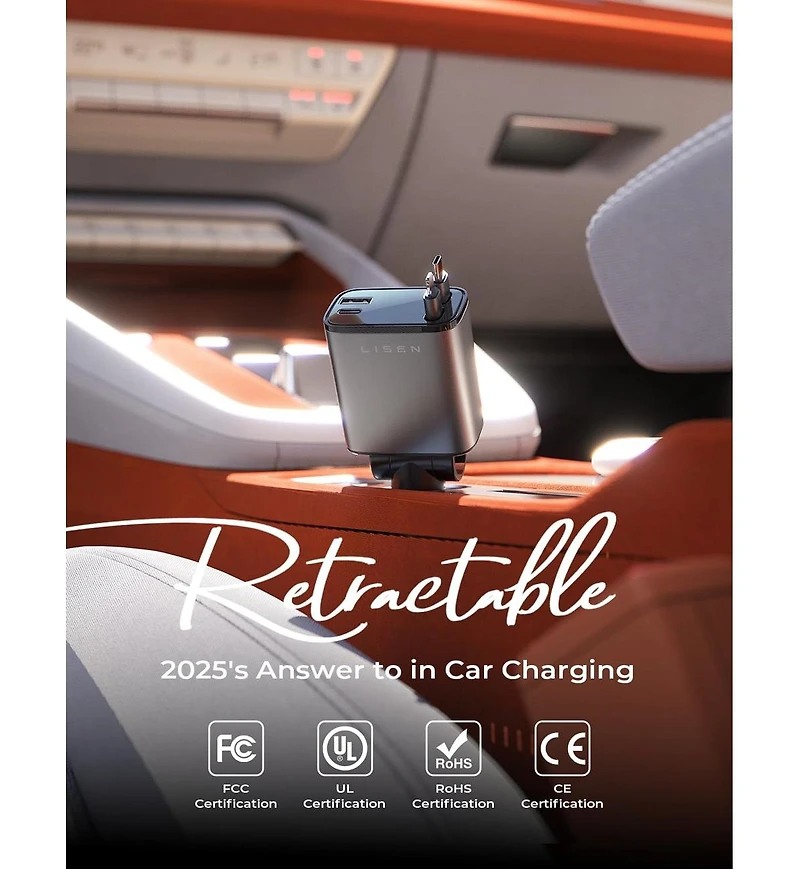 Lisen Retractable Car Charger 4-in-1, 69W Usb-c Car Adapter with Built-in Cables, Multi Device Charging for iPhone, Samsung