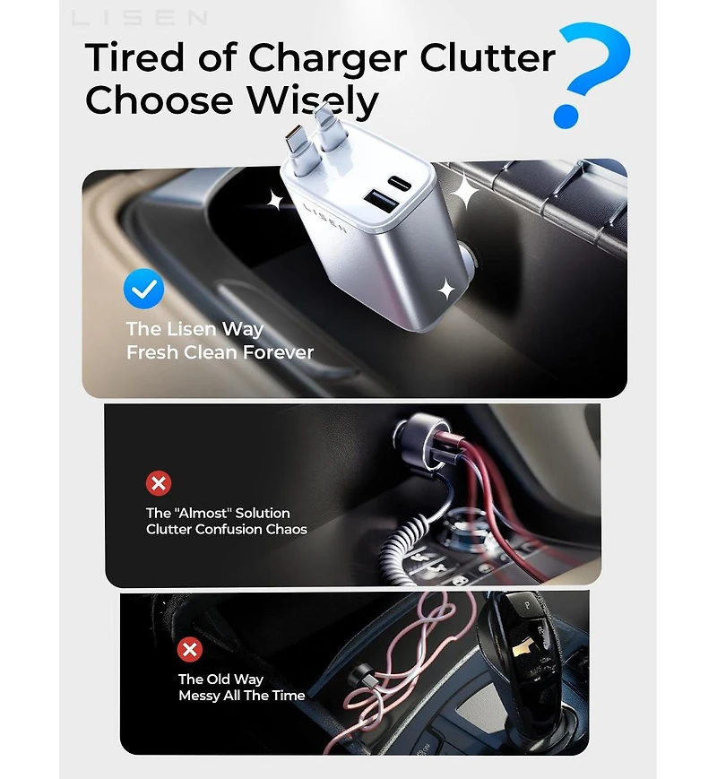 Lisen Retractable Car Charger 4-in-1, 75W Fast Charging Usb-c Car Adapter with Built-in Cables, Multi Device Charger for iPhone, Samsung, iPad