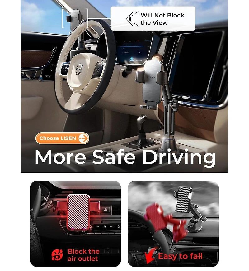 Lisen Car Cup Holder Phone Mount, Adj Long Neck 360degree(s) Phon Holder for Car, Stable Dashboard-Free Mount for iPhone, Samsung, Truck, Golf Cart