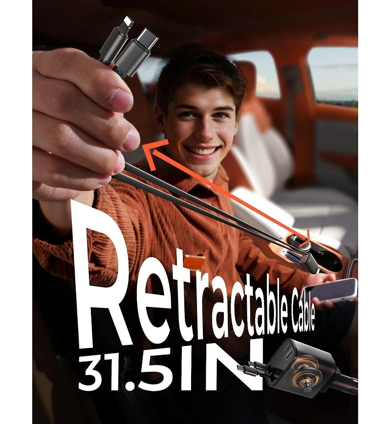 Lisen Retractable Car Charger 69W, 4-Port Fast Charging Car Adapter with Usb-c and Usb-a, Multi Device Charger for iPhone, Samsung, Tablets