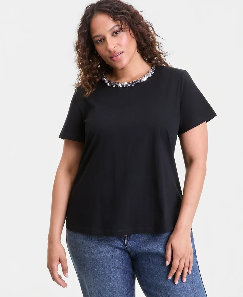 I.n.c. International Concepts Plus Sequin-Neck-Trim T-Shirt, Macy's Exclusive