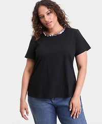 I.n.c. International Concepts Plus Sequin-Neck-Trim T-Shirt, Macy's Exclusive