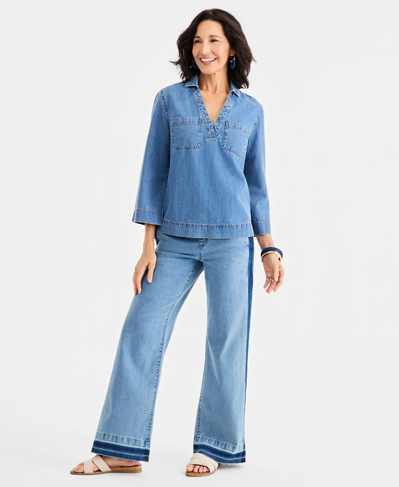 Style & Co Women's 3/4-Sleeve Denim Popover Top, Macy's Exclusive