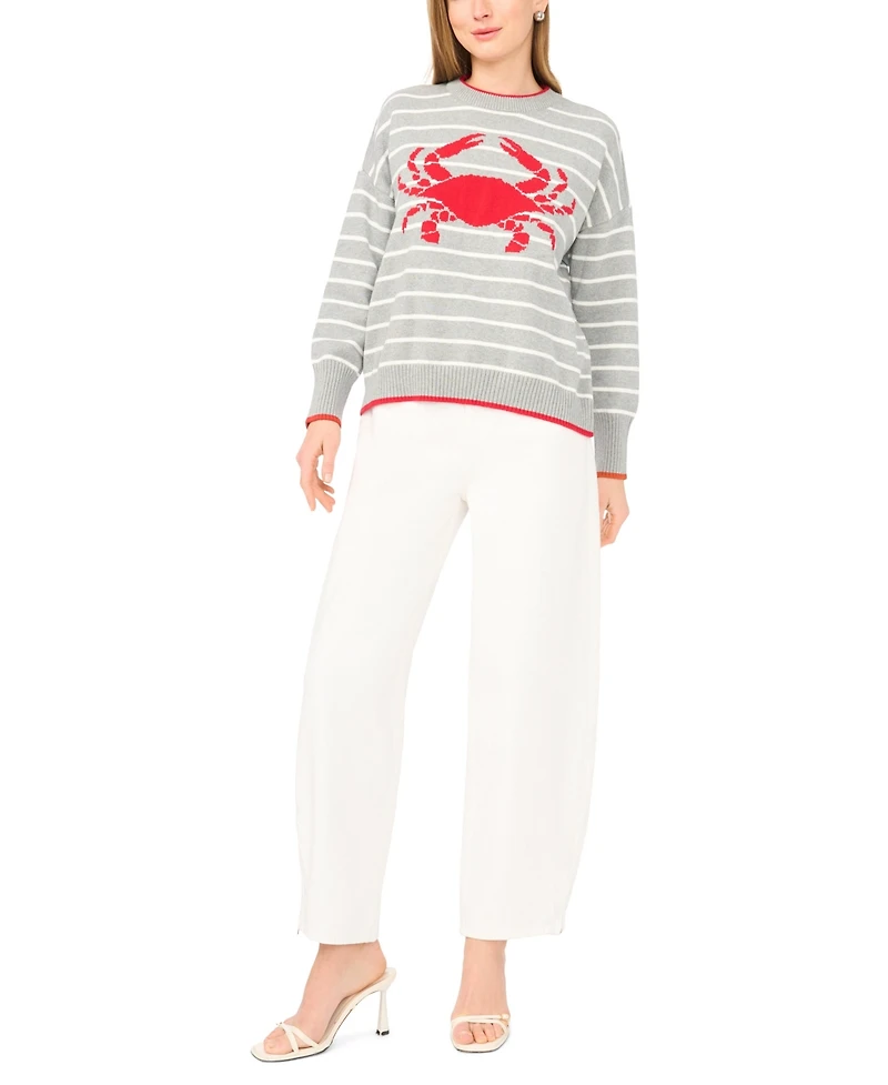 Vince Camuto Women's Striped Crab Motif Crewneck Sweater