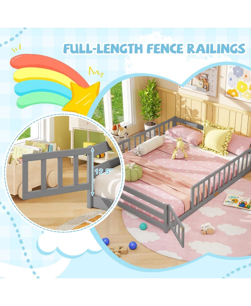 Slickblue Kids Floor Bed Frame with Full Length Guardrails, Montessori Style Safe Sleeping