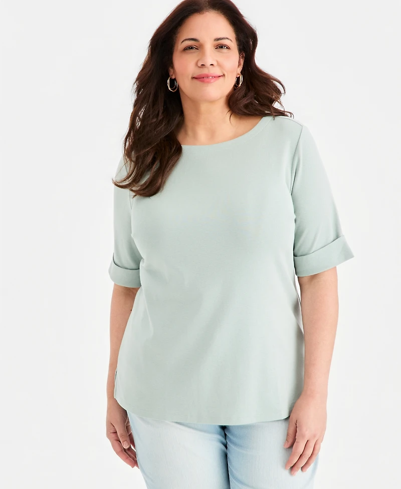 Style & Co Women's Boat-Neck Elbow Sleeve Cotton Top, Xs-4X, Created for Macy's