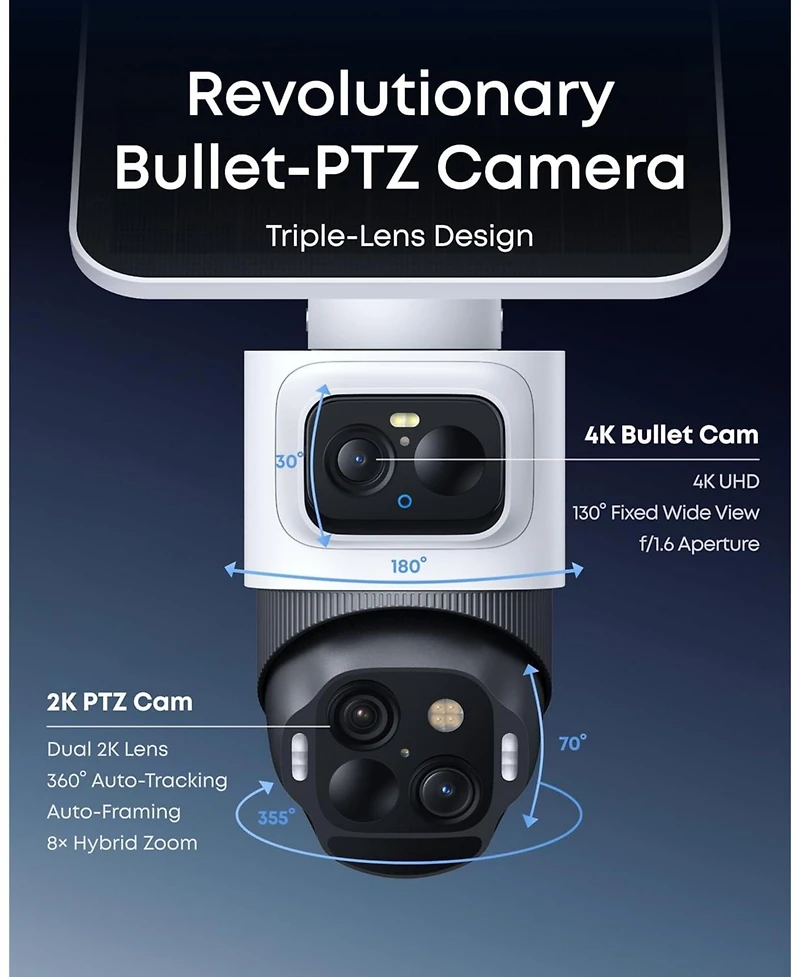 eufy Security eufyCam S4,4K Solar Camera Wireless Outdoor, Triple Lens Bullet-ptz Cam