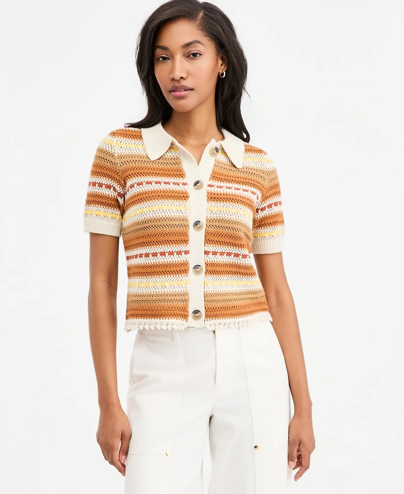 On 34th Women's Textured Stripe Short-Sleeve Collared Cardigan, Macy's Exclusive