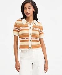 On 34th Women's Textured Stripe Short-Sleeve Collared Cardigan, Macy's Exclusive