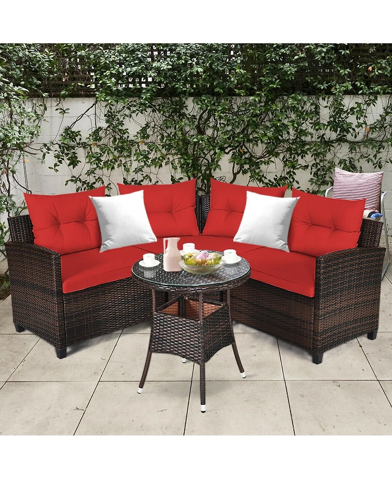 Gymax 4PCS Patio Furniture Set Outdoor Rattan Sectional Sofa Set w/ Cushions