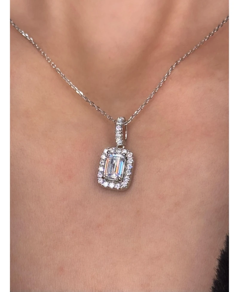 Suzy Levian Sterling Silver Cubic Zirconia Emerald Cut Halo Pendant Necklace