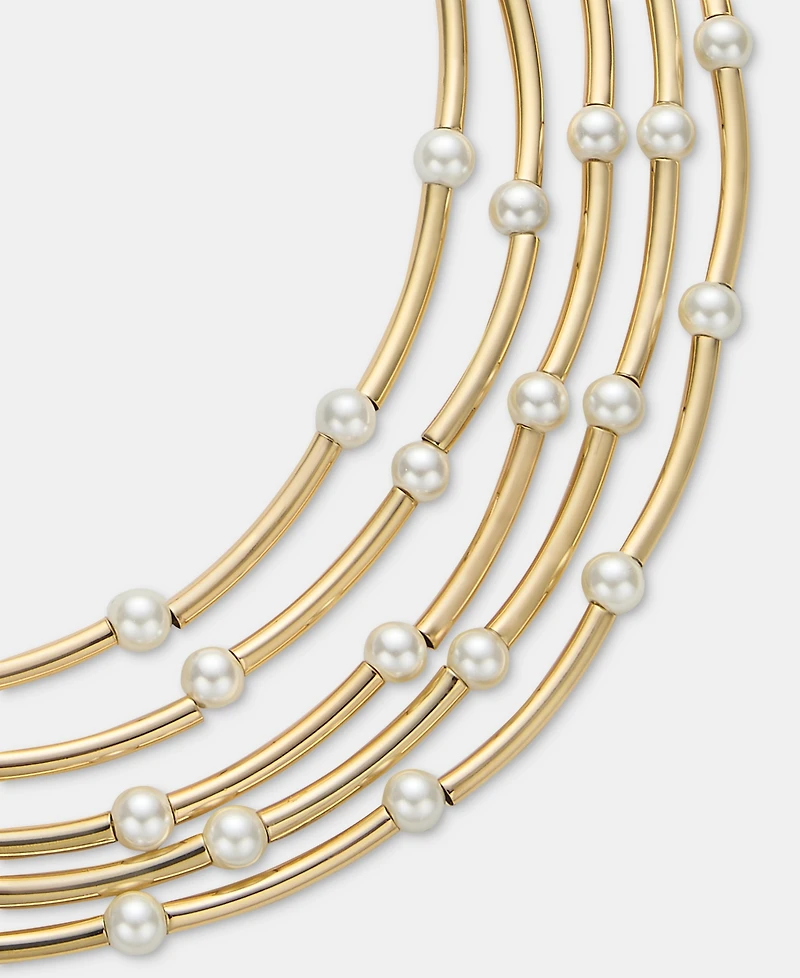 Anne Klein Gold-Tone Curbed Tube Faux Imitation Pearl Stationed Multi-Row Necklace