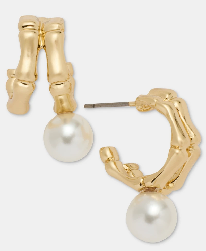 Anne Klein Gold-Tone Two-Row Bamboo Faux-Pearl Drop Huggie Earrings
