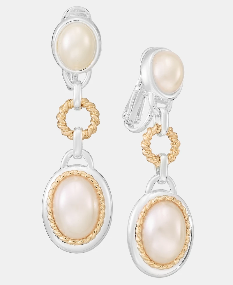 Anne Klein Two-Tone Roping Metal Faux-Pearl Linear Ez Comfort Clip Earrings