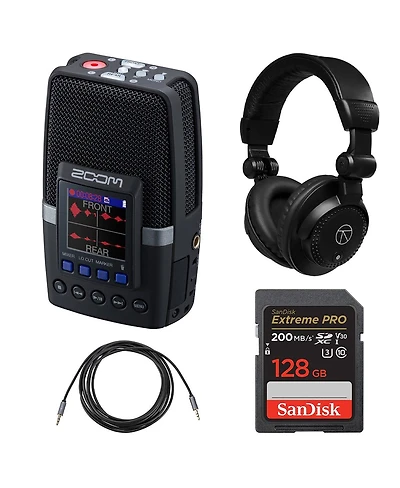 Zoom H2essential Multi-Mic 32-Bit Float Handy Recorder with Closed-Back Studio Monitor Headphones, Extreme Pro 128GB Uhs-i U3 Sdxc Memory Card