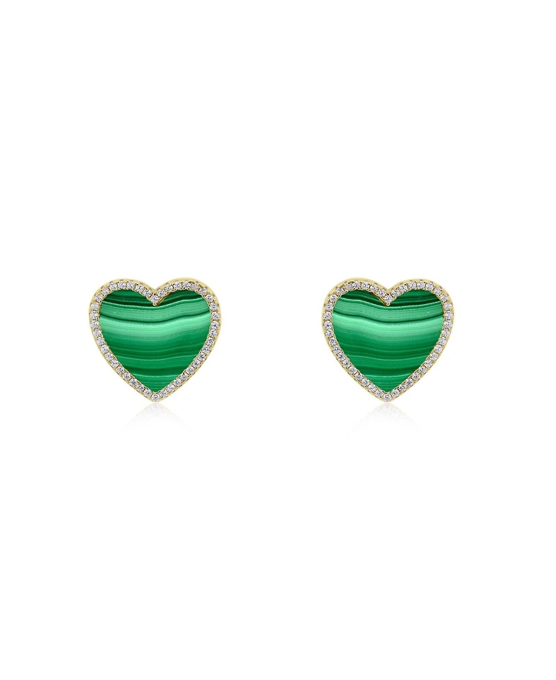 The Lovery Large Malachite Cz Halo Heart Stud Earrings 14K Gold-Plated Sterling Silver