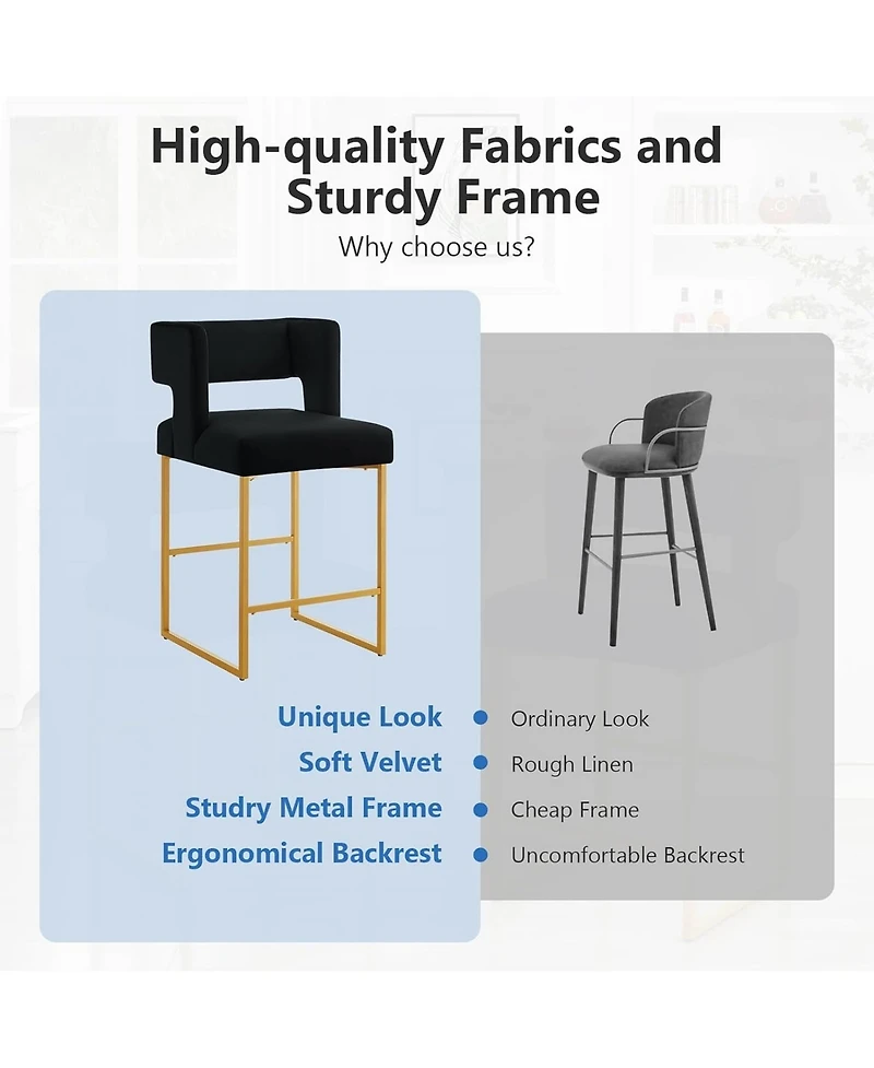 Rainsken 26" H Bar Stools Set of 2, Modern Fashion Counter Height Chairs with Square Open Backrest and Sturdy Iron Legs for Kitchen Island