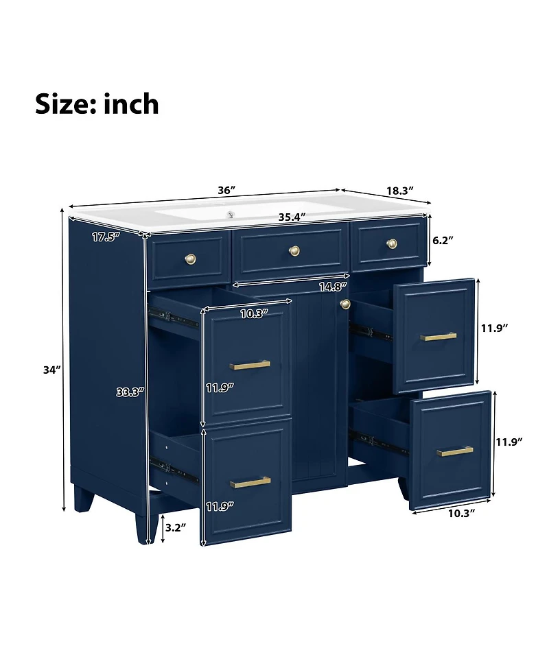 Sillysis 36 Inch Bathroom Vanity with Ceramic Sink, Solid Wood Frame, Ample Storage Drawers and Soft Close Door for Small Spaces