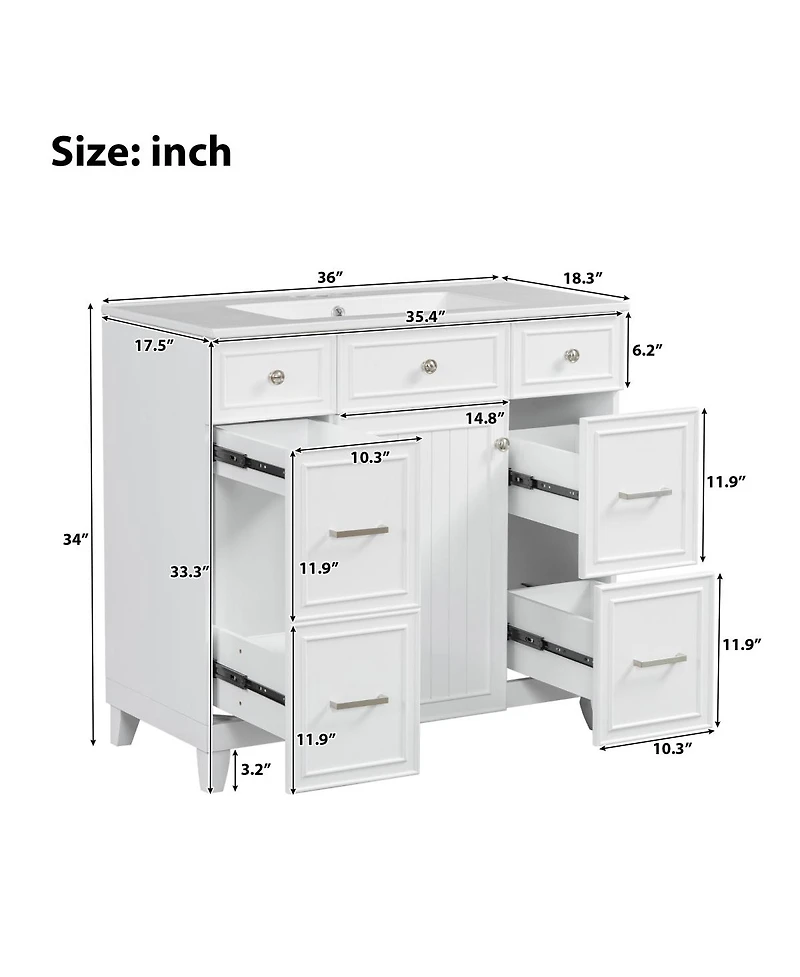 Sillysis 36 Inch Bathroom Vanity with Ceramic Sink, Solid Wood Frame, Ample Storage Drawers and Soft Close Door for Small Spaces