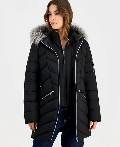 Maralyn & Me Juniors' Faux-Fur-Trim Hooded Puffer Coat