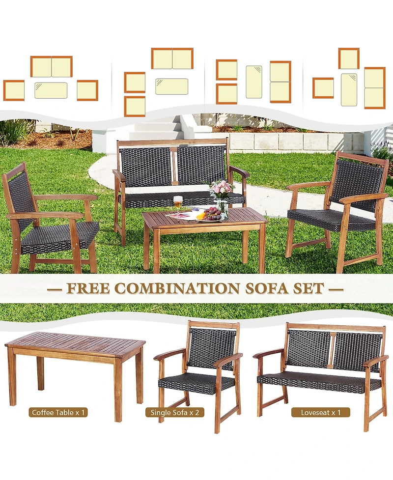 Costway 4 Pcs Patio Rattan Furniture Set Acacia Wood Frame Sofa Loveseat Garden