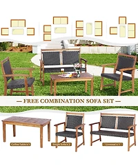 Costway 4 Pcs Patio Rattan Furniture Set Acacia Wood Frame Sofa Loveseat Garden