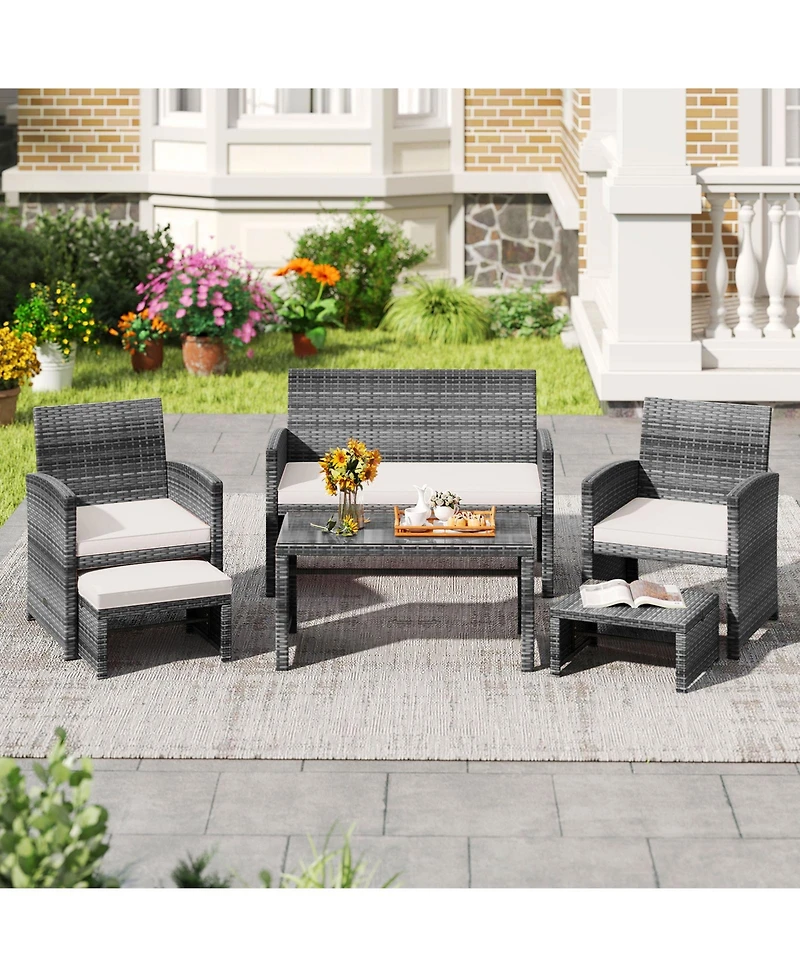Sugift 6-Piece Outdoor Pe Rattan Sectional Sofa Set with Glass Coffee Table