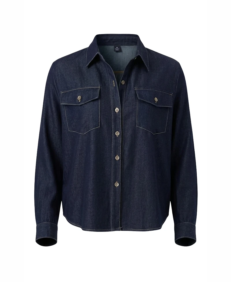 Modenaire Women's Denim Collared Button-Front Pocket Shirt