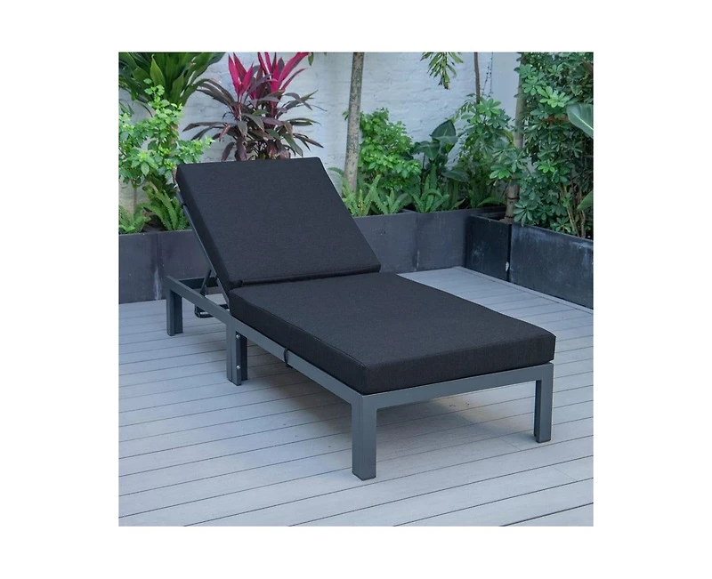 LeisureMod Chelsea Patio Chaise Lounge Chair Black Aluminum 4-Position Adjustable Reclining Outdoor Sun Lounger for Pool Rust-Proof Frame