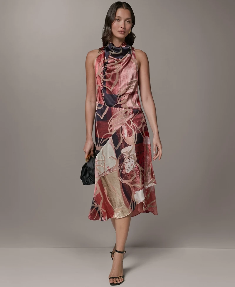 Donna Karan New York Women's Printed Burnout High Cowl Neck Dress