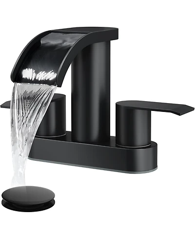 Midola 4 Inch Centerset Waterfall Bathroom Sink Faucet Deck Mount 2 Handle 2 or 3 Hole Pop Up Drain Modern Vanity Mixer Tap Matte
