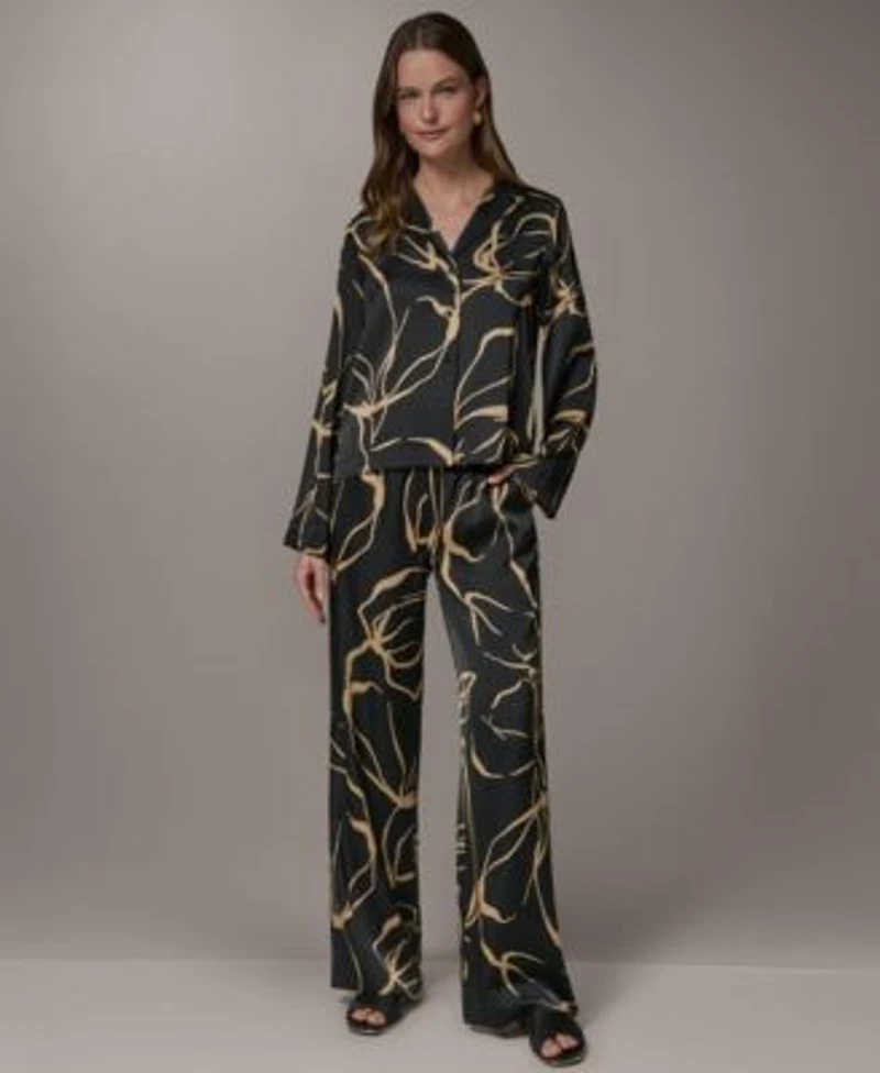 Donna Karan New York Womens Button Up Top Printed Wide Leg Pull On Pants