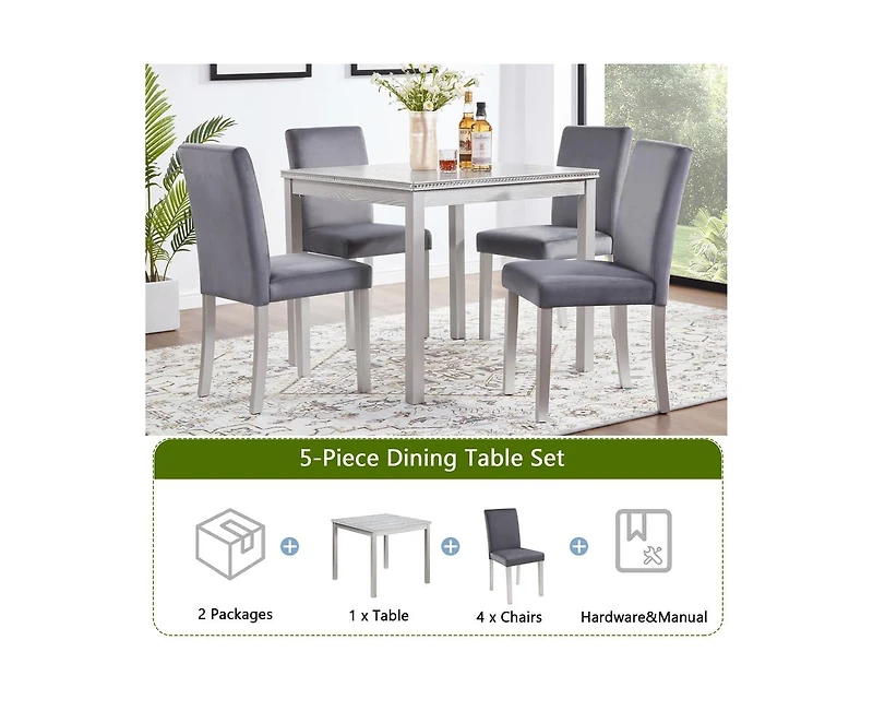 sumyeg 5-Piece Silver Grey Crystal Accent Wood Dining Set with Square Kitchen Table and 4 Upholstered Chairs