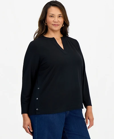 Style & Co Plus LuxLounge French Terry Split-Neck Long-Sleeve Top, Macy's Exclusive
